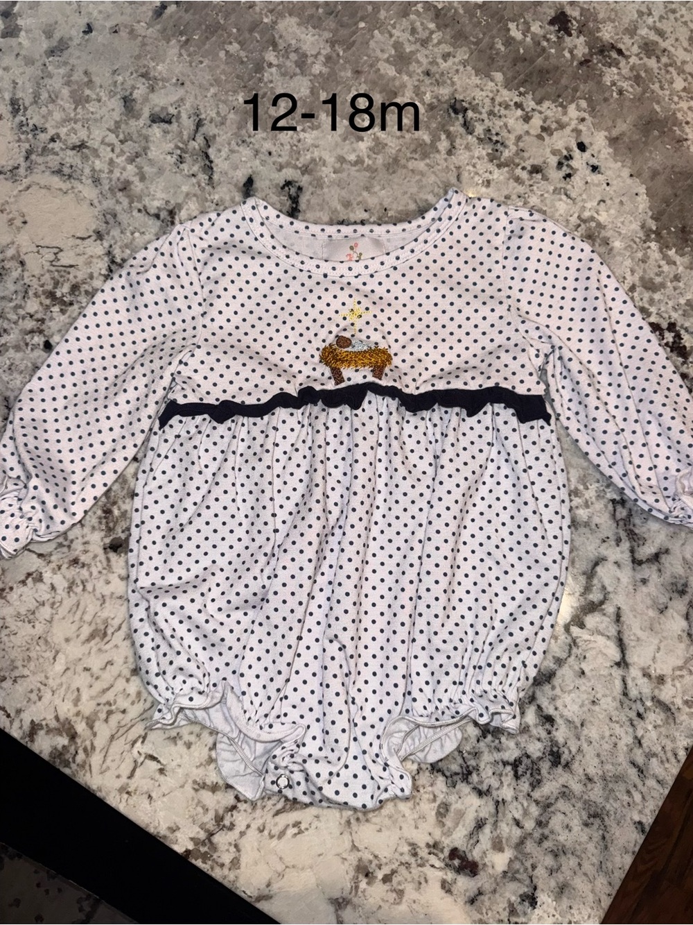 White Polka Dot Baby One-Piece with Navy Trim- perfect for Christmas!